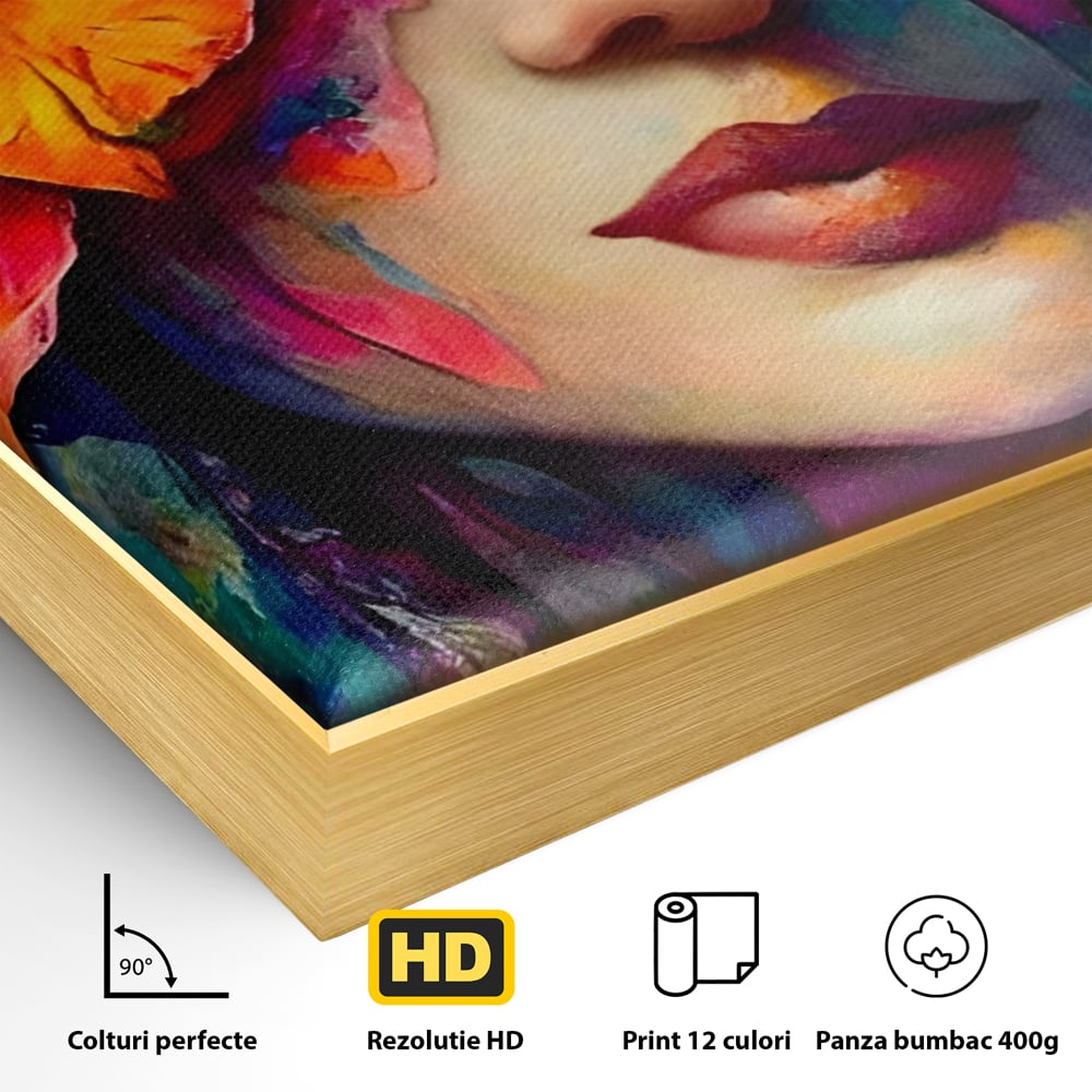 Detaliu al suprafetei: tablou canvas cu portret feminin si flori, in rama de aluminiu auriu